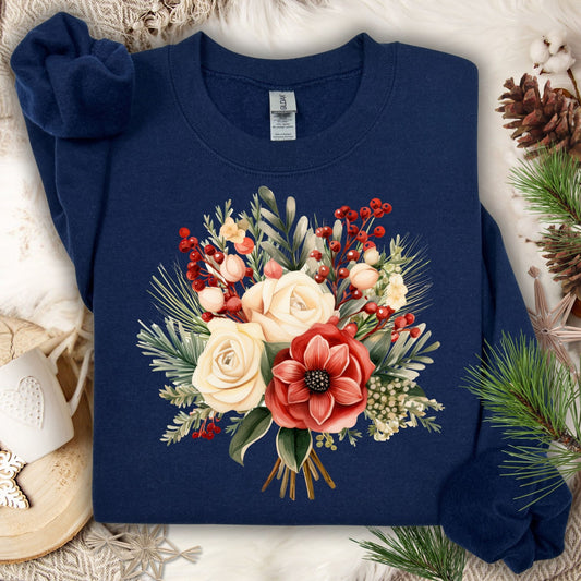 Navy Gildan sweatshirt with a watercolor Christmas bouquet of red, cream, and green foliage.