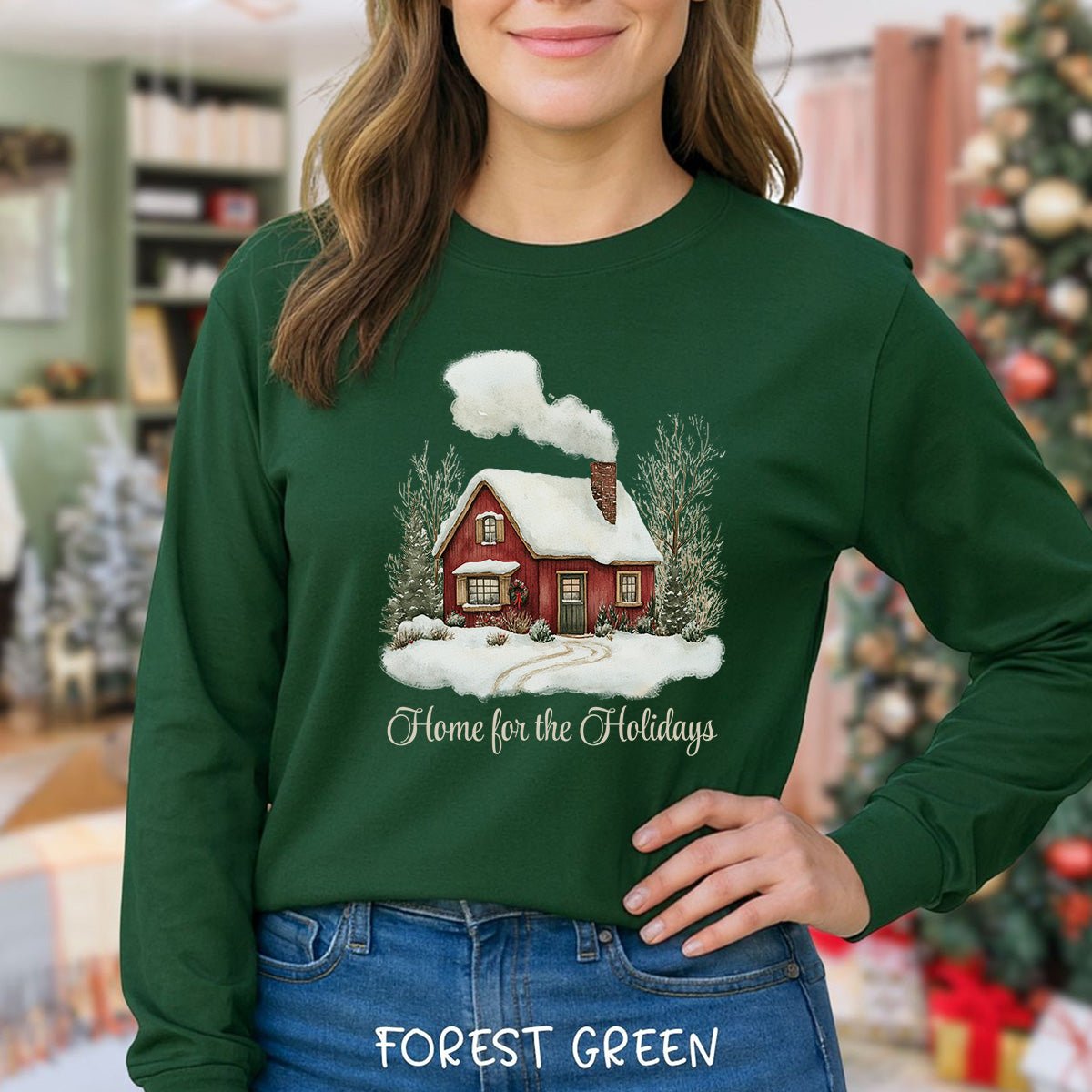 Home for the Holidays Red Cabin Long Sleeve Tee
