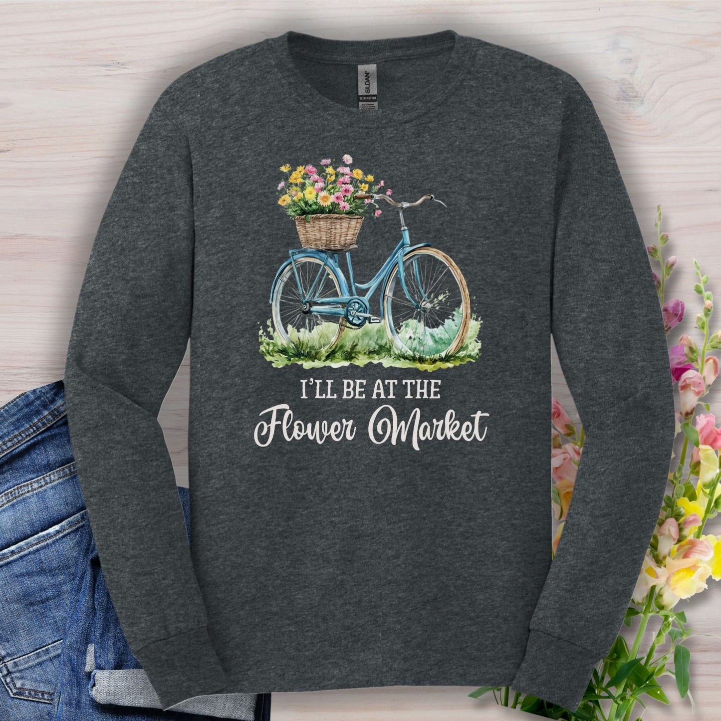 Dark Heather long sleeve tee with a vintage bicycle and flower basket graphic, "I'll Be At The Flower Market" text.