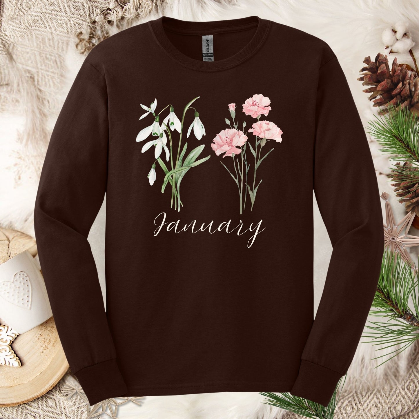 January Birth Month Flower Long Sleeve Tee - Snowdrop & Carnation