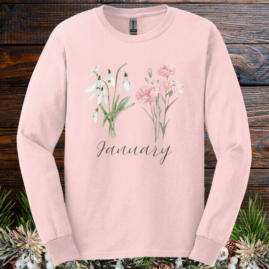 January Birth Month Flower Long Sleeve Tee - Snowdrop & Carnation