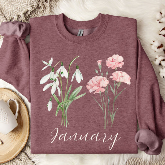 January Birth Month Flower Sweatshirt - Snowdrop & Carnation