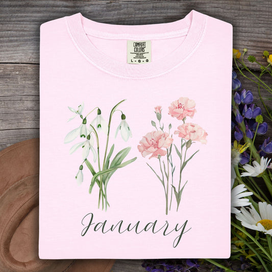 January Birth Month Flower T-Shirt — Snowdrop & Carnation