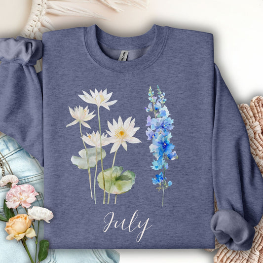 July Birth Month Flower Sweatshirt — Waterlily & Larkspur
