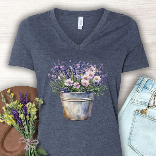 Lavender & Daisies in Rustic Pot V-Neck Tee