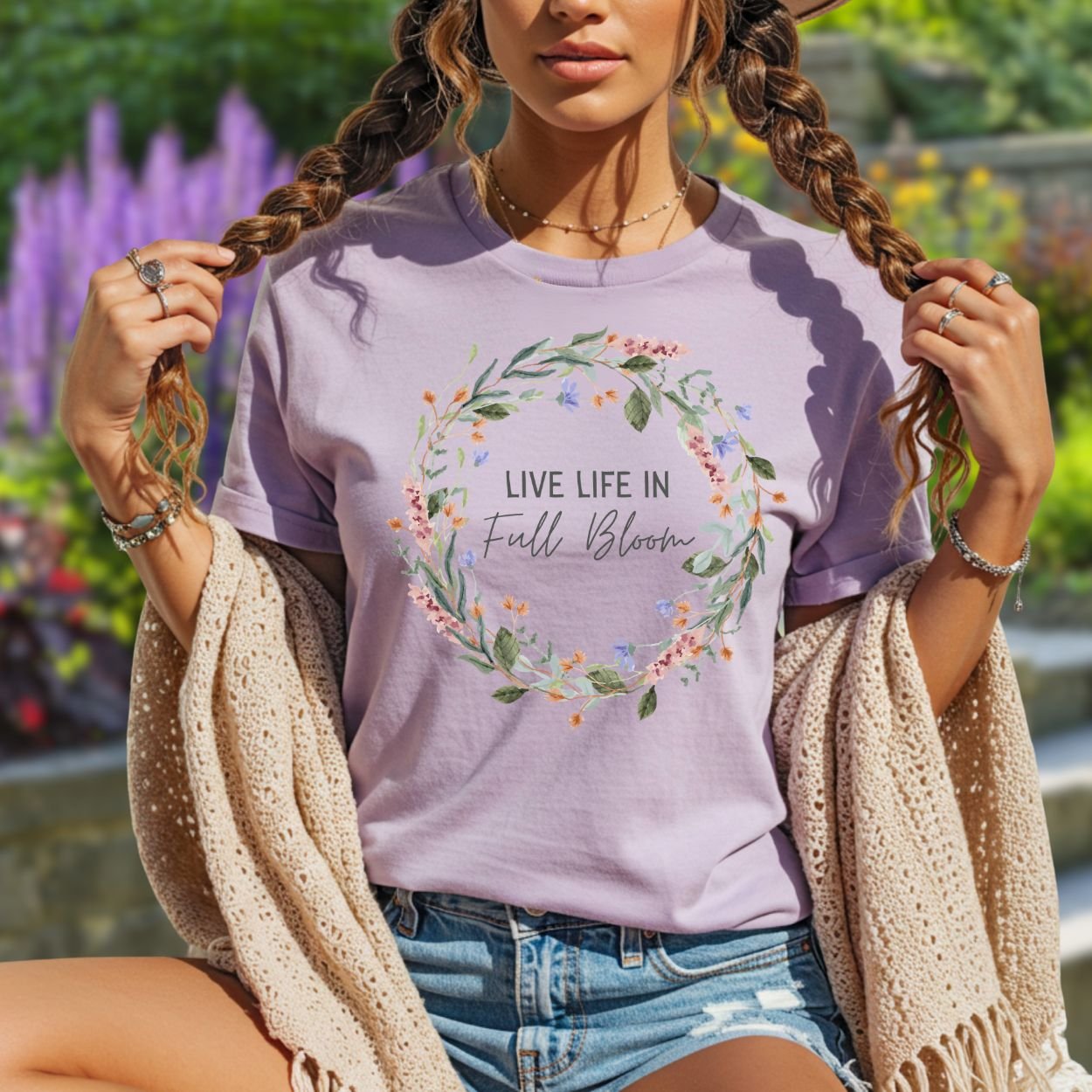 Live Life in Full Bloom Floral Wreath T-Shirt