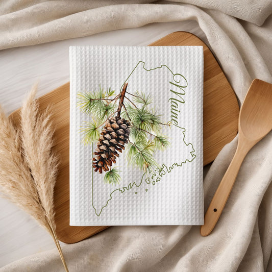 Maine State Flower Tea Towel – White Pine Cone & Tassle