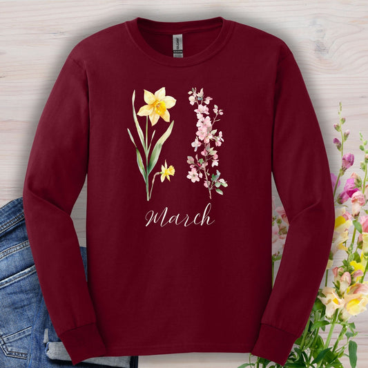 March Birth Month Flower Long Sleeve Tee — Daffodil & Cherry Blossoms