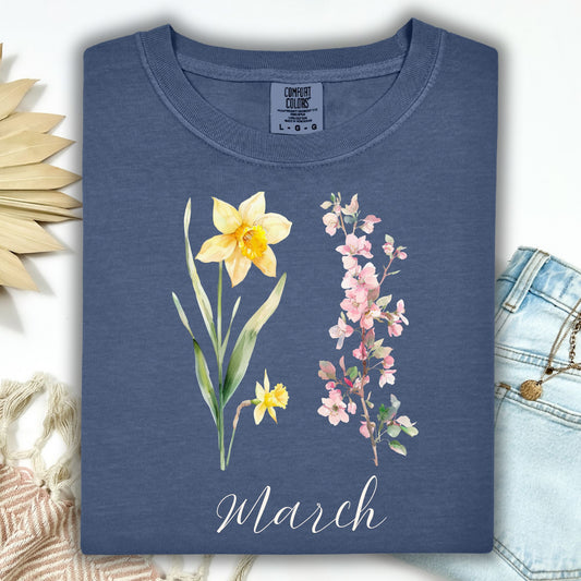 March Birth Month T‑Shirt — Daffodil & Cherry Blossoms