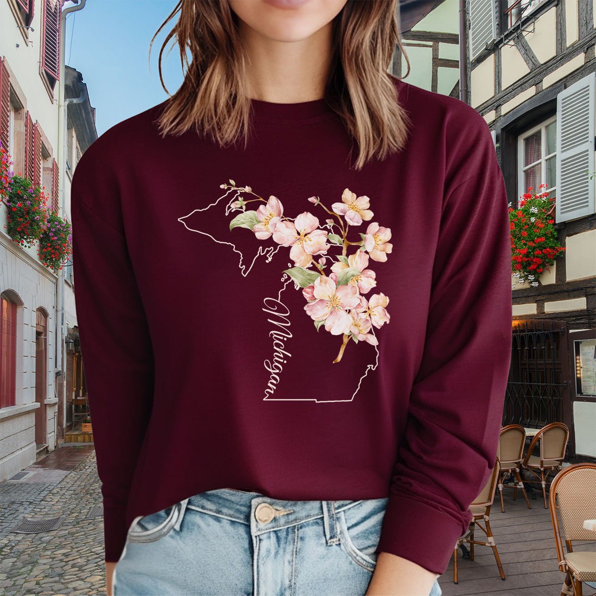Michigan State Flower Long Sleeve Tee - Apple Blossom