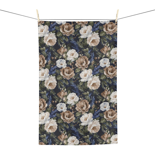 Navy Winter Rose microfiber tea towel with white and taupe roses on a dark blue background.