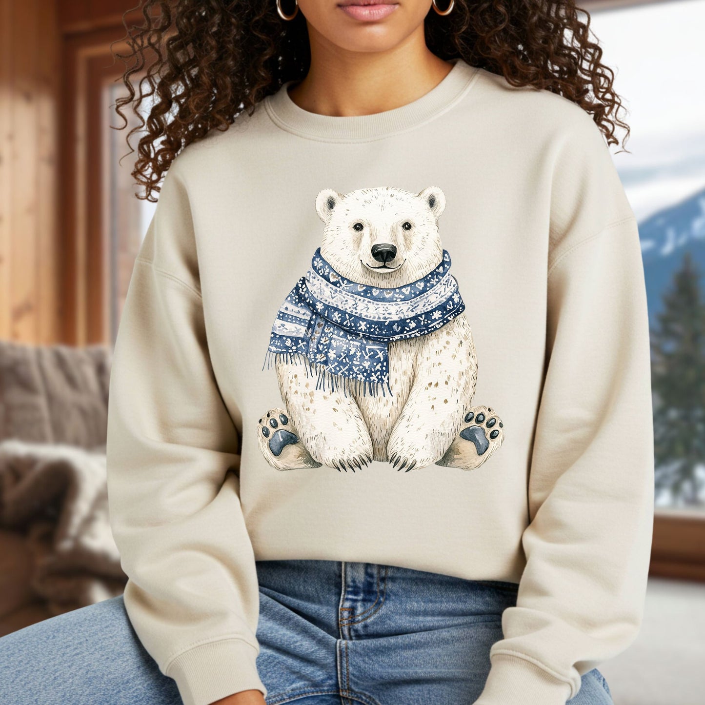 Nordic Winter Polar Bear Sweatshirt in beige, featuring a detailed polar bear wearing a blue patterned scarf.