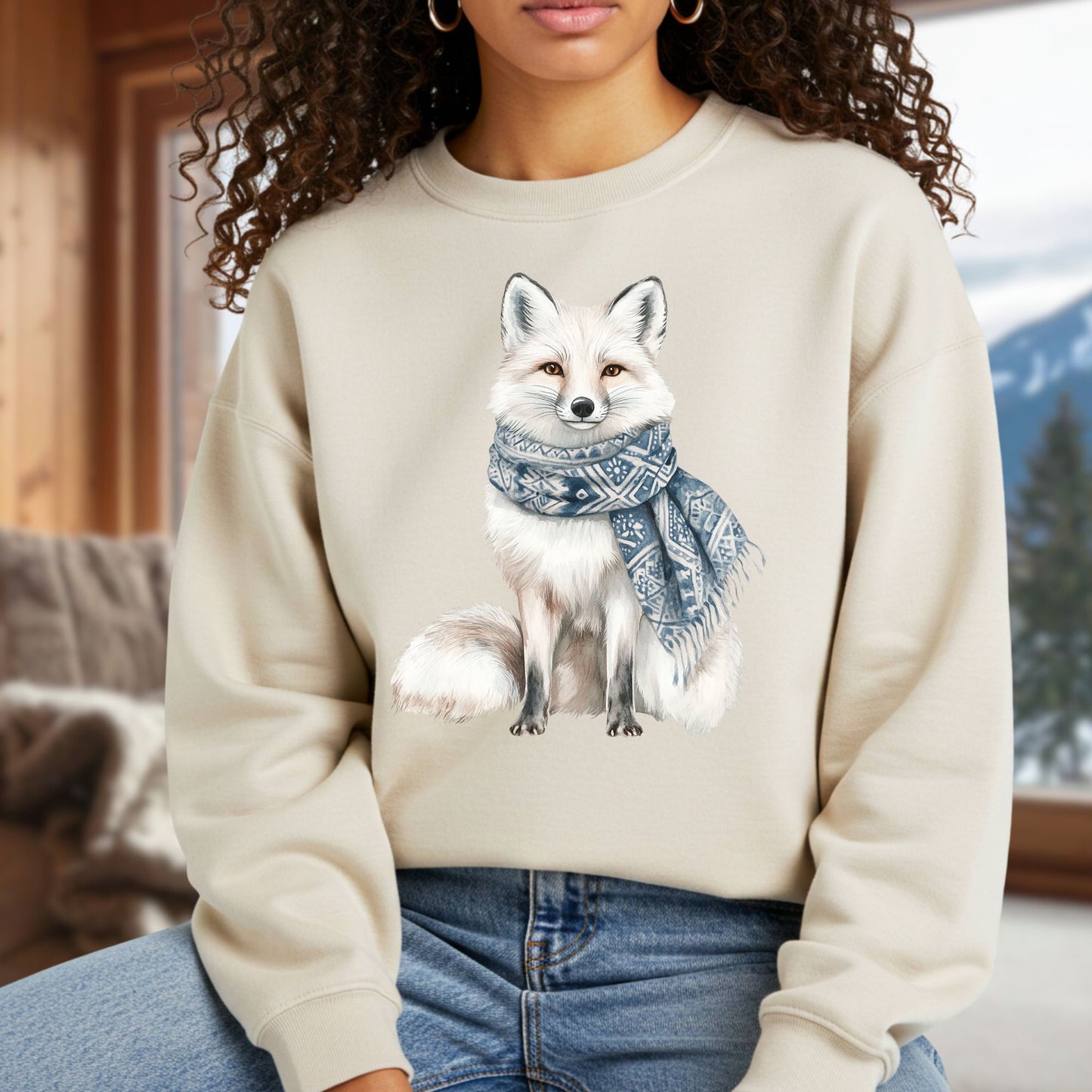 Nordic Winter White Fox with Scarf Sweatshirt