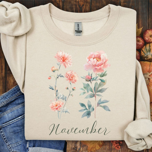 November Birth Month Flower Sweatshirt — Chrysanthemum & Peony