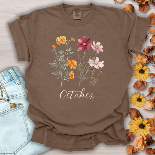 October Birth Month Flower T-Shirt — Cosmos & Marigold