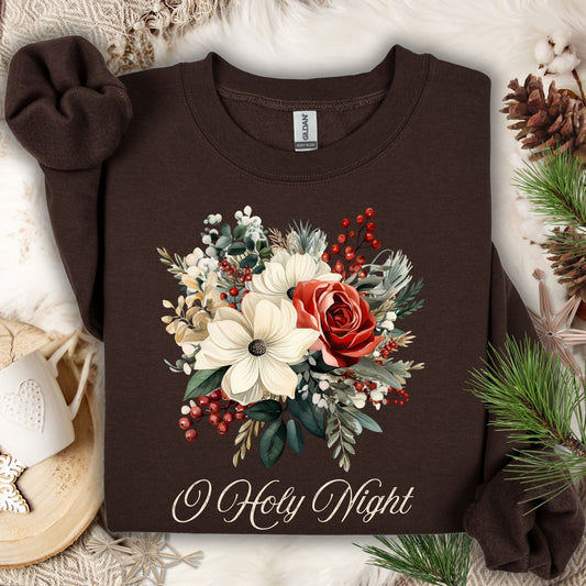 Dark Chocolate Gildan sweatshirt with vintage poinsettia, rose, and holiday foliage bouquet, "O Holy Night" text.