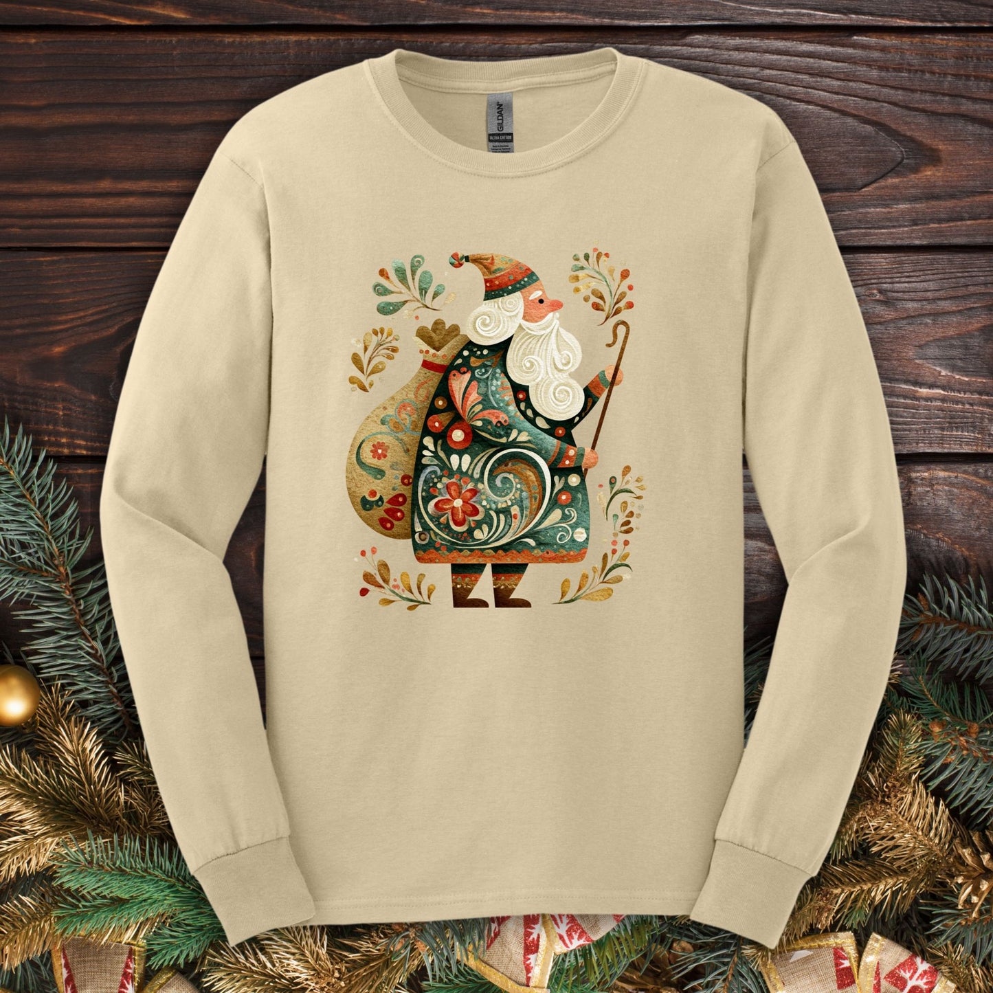 Gildan long sleeve tee in sand with an ornate Old World St. Nicholas folk art design.