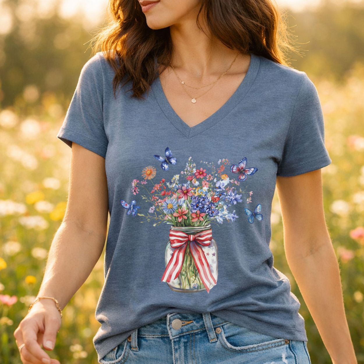 Patriotic Blooms & Butterfllies V-Neck Tee