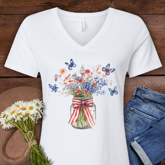 Patriotic Blooms & Butterfllies V-Neck Tee