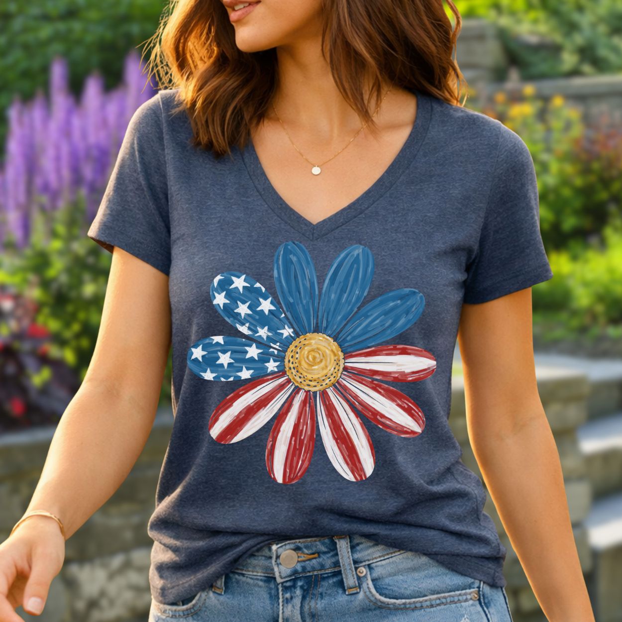 Patriotic Daisy American Flag V-Neck T-Shirt