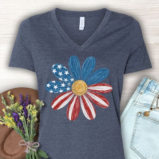 Patriotic Daisy American Flag V-Neck T-Shirt