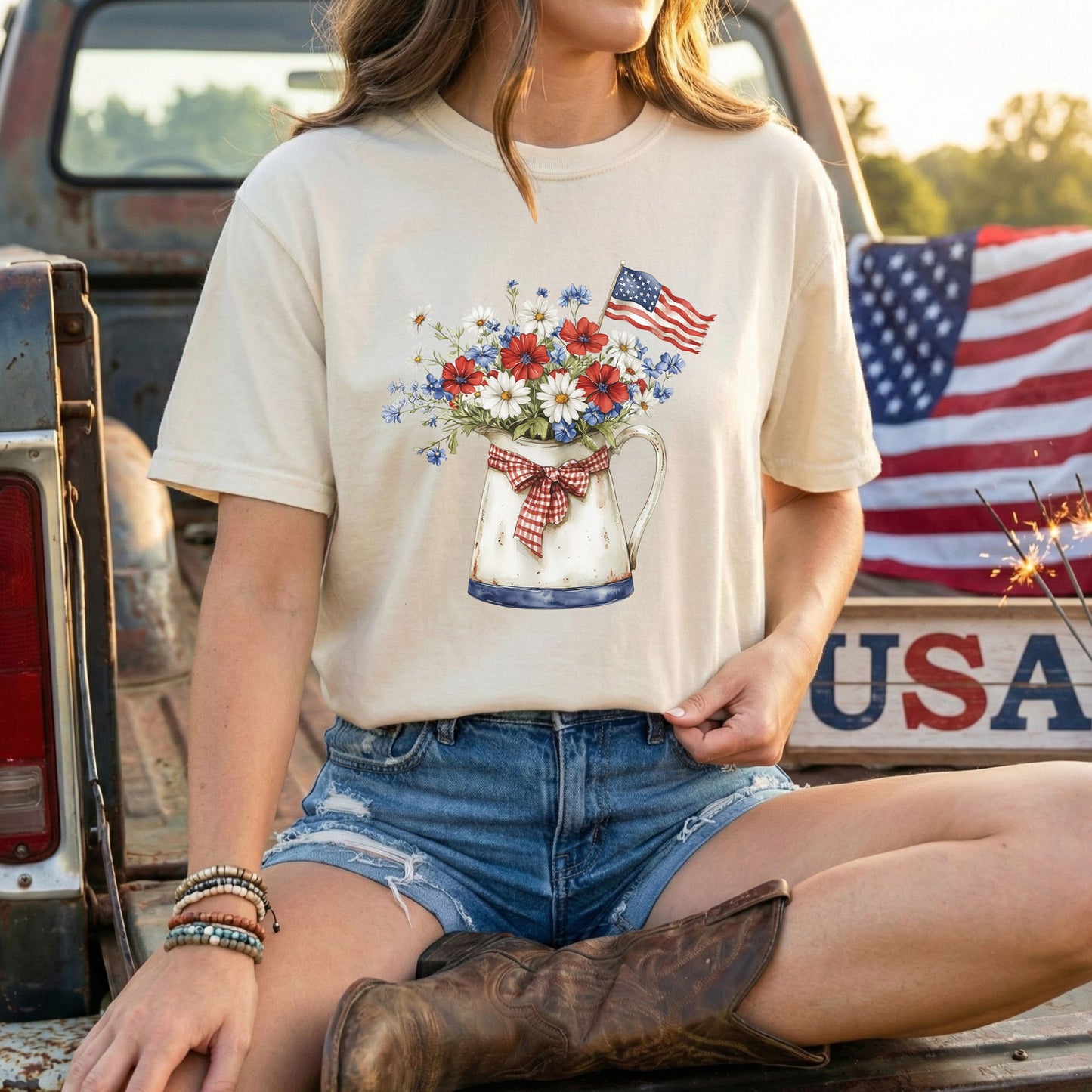 Patriotic Flower Pitcher with Flag T-Shirt