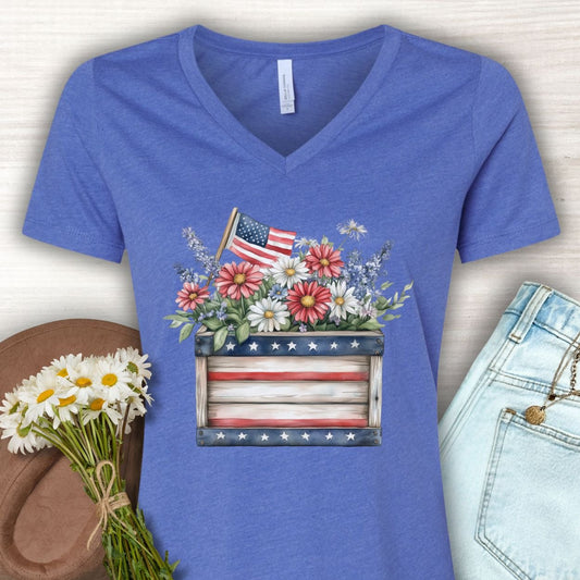 Patriotic Gardening Box with Flowers V-Neck T-Shirt