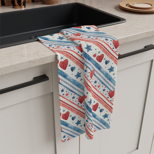 Patriotic Red Hearts & Stars Microfiber Tea Towel