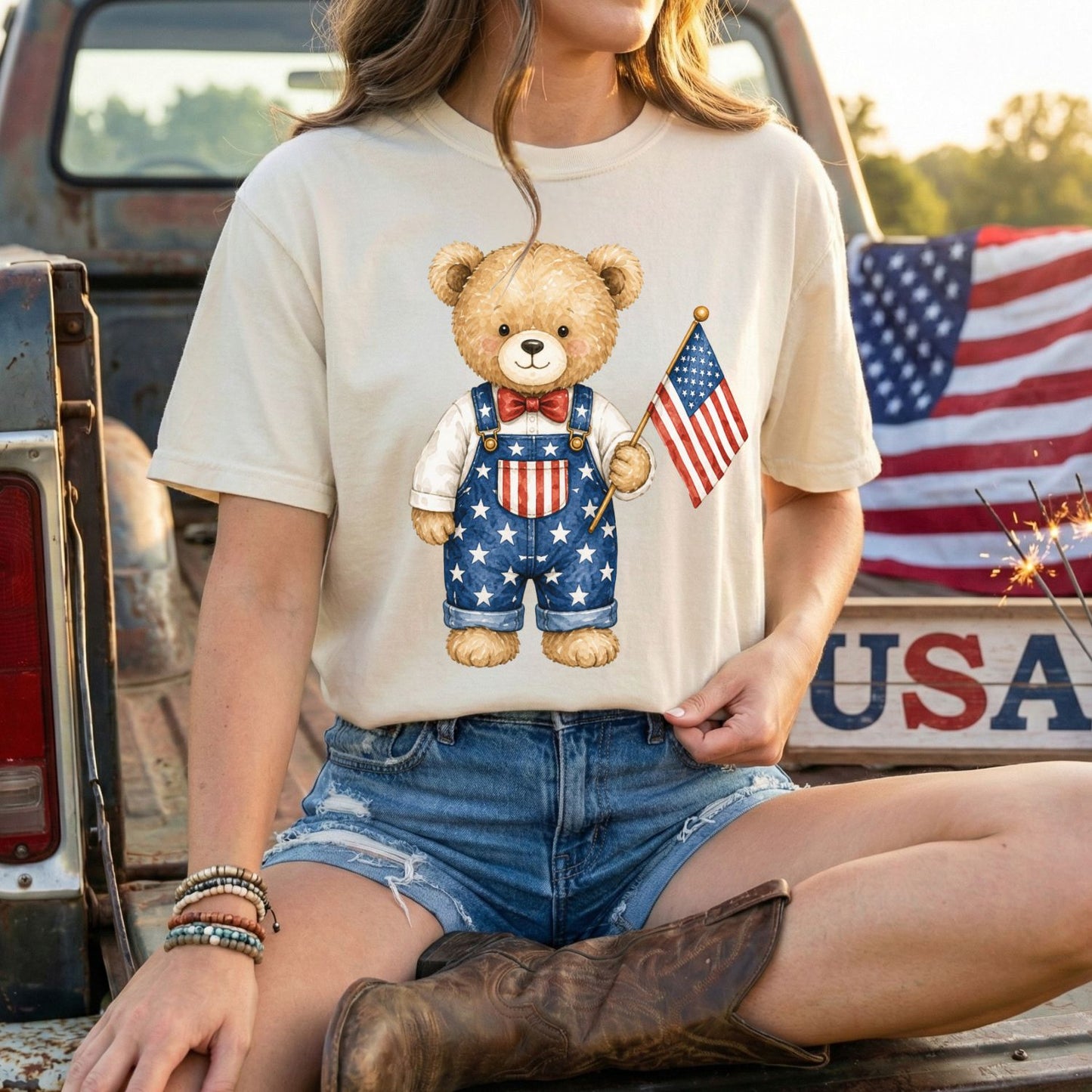 Relaxed-fit, garment-dyed t-shirt with a hand-drawn teddy bear in Americana overalls holding a US flag.
