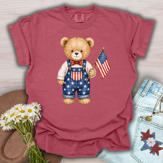 Patriotic Teddy Bear Boy with Flag T-Shirt