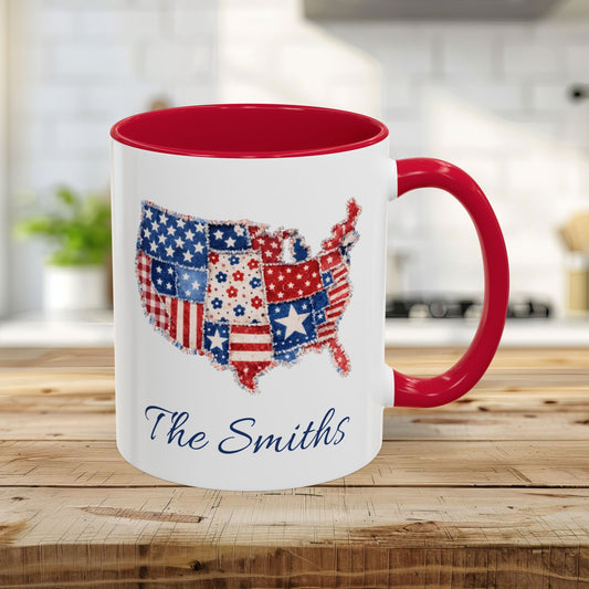 Personalized 11oz ceramic mug with a red interior and handle, featuring a patchwork USA map and "The Smiths" script.