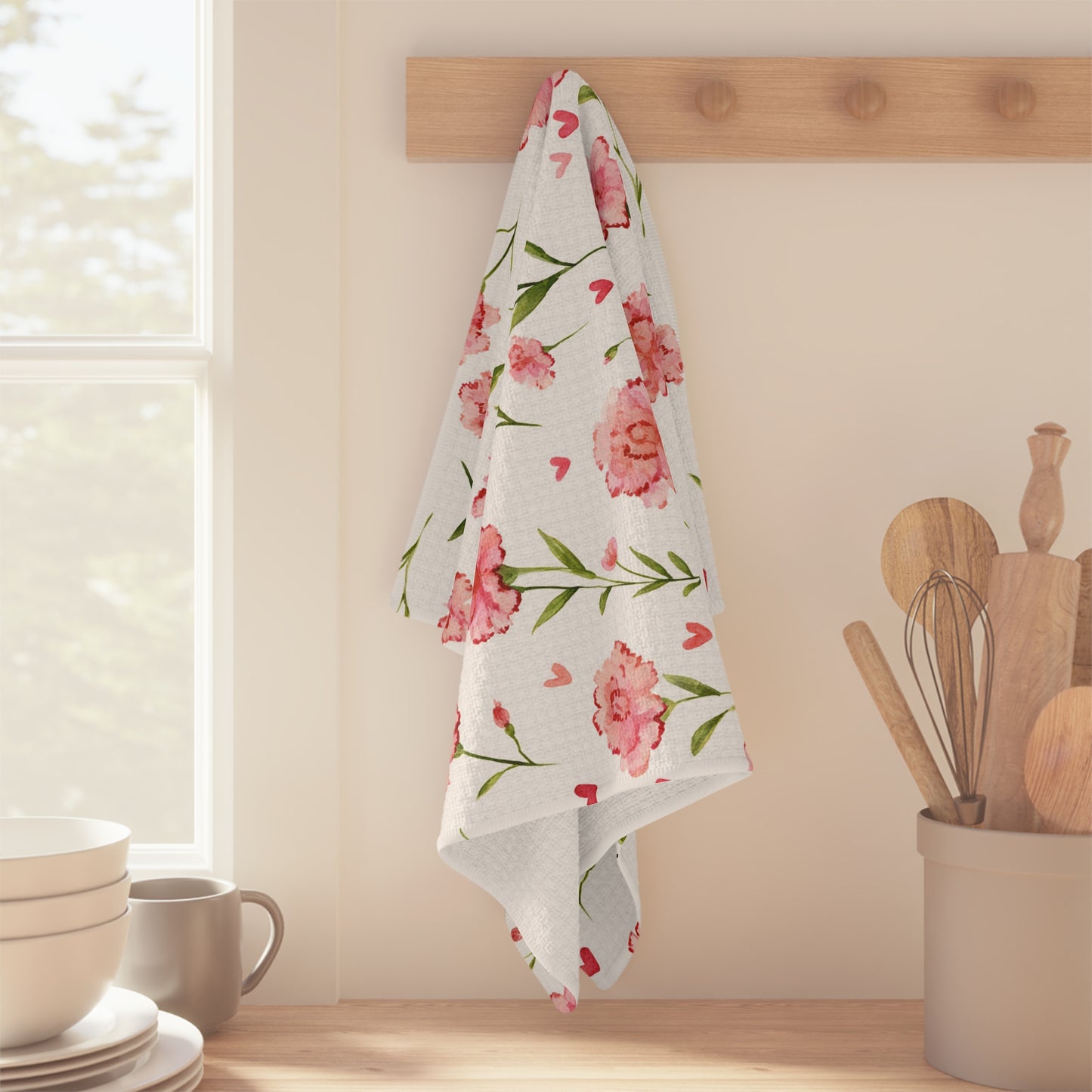 Pink Carnation Floral Microfiber Tea Towel