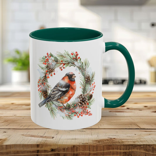 Red Bullfinch in Evergreen Wreath Mug (11/15oz)