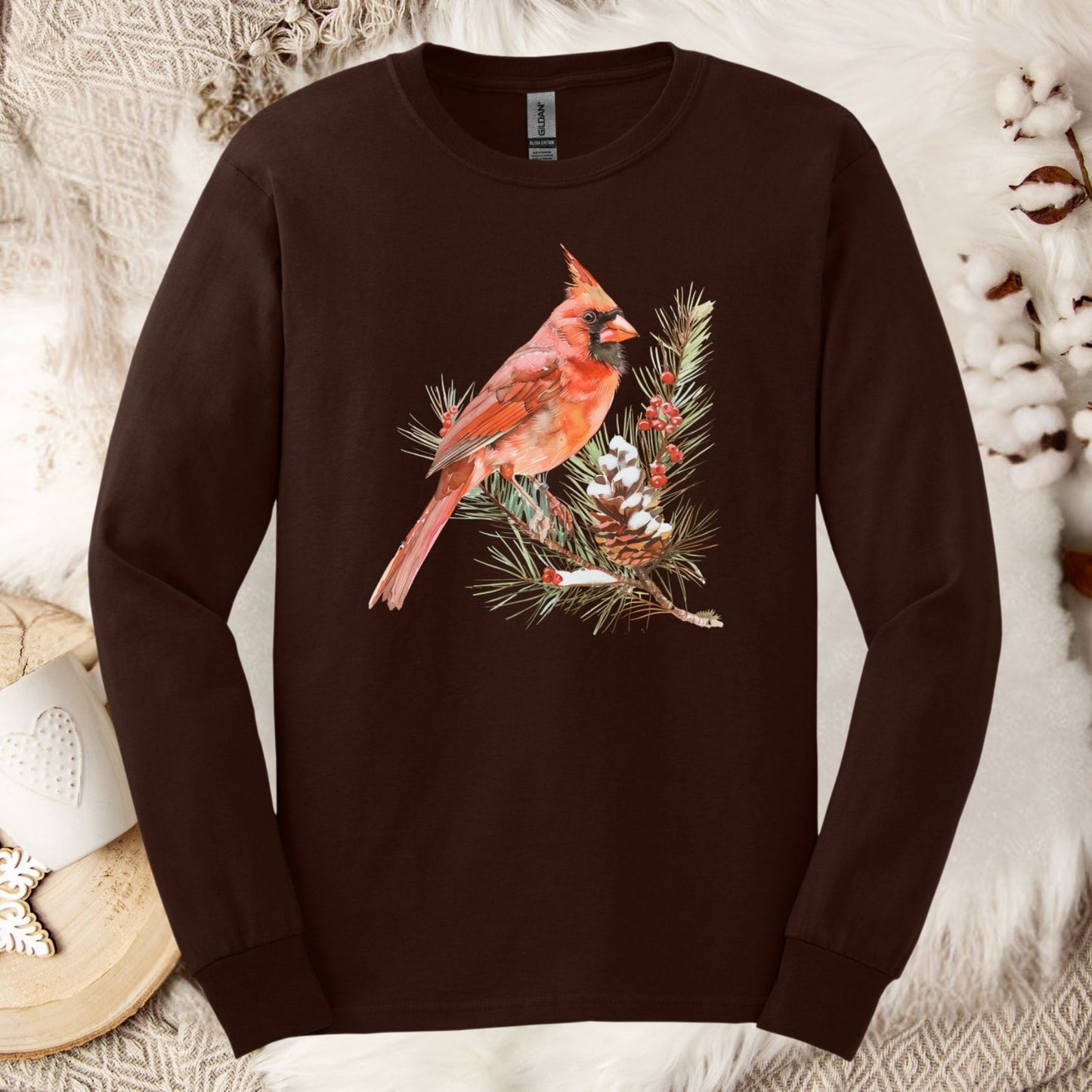 Red Cardinal on Snowy Evergreen Branch Long Sleeve Tee