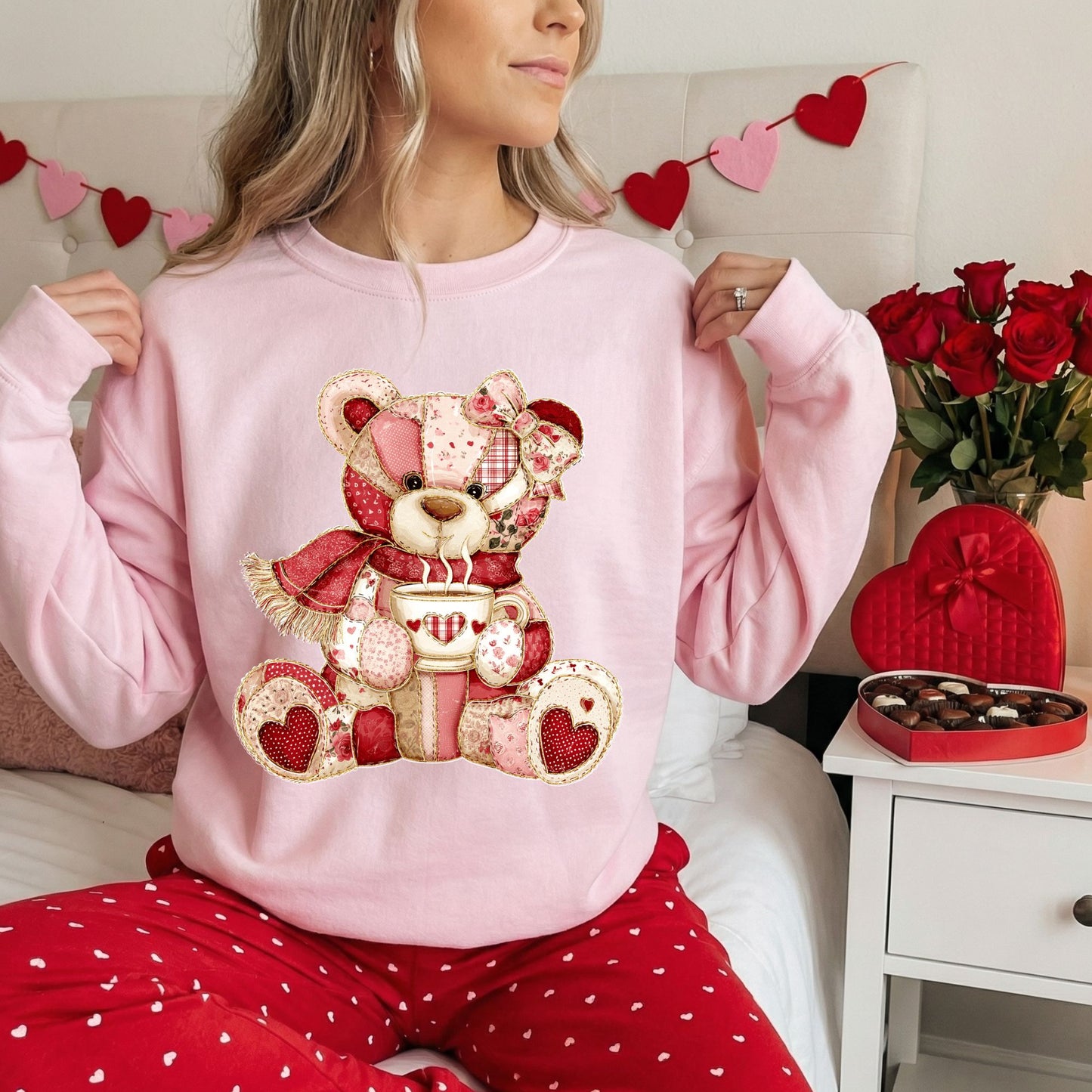 Red Patchwork Country Teddy Bear Sweatshirt