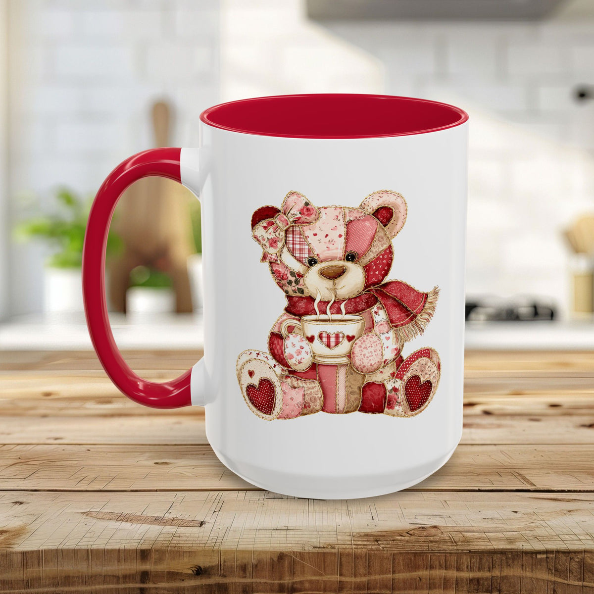 Red Patchwork Valentine's Teddy Bear Mug (11/15oz)