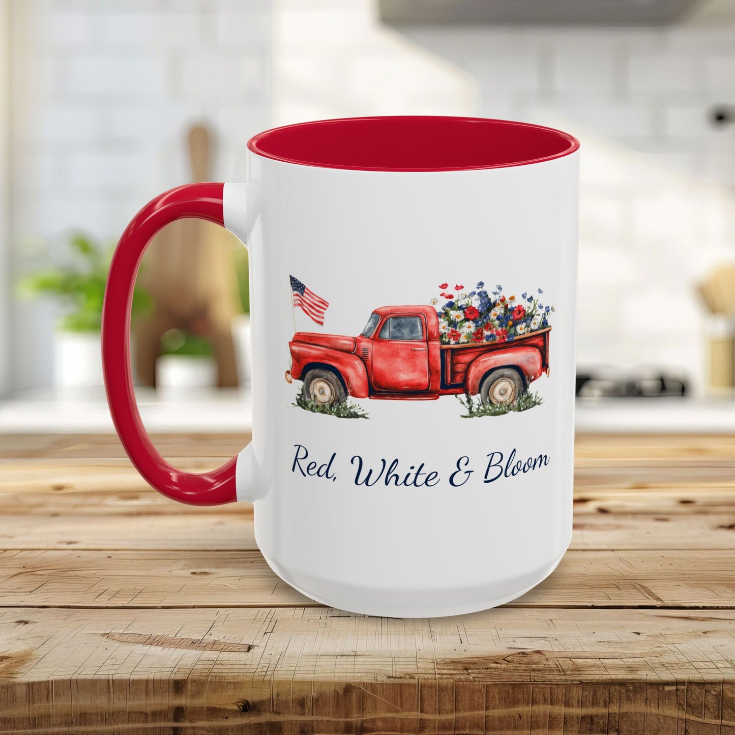 Red, White & Bloom Mug — Patriotic Floral Pickup Truck (11/15oz)
