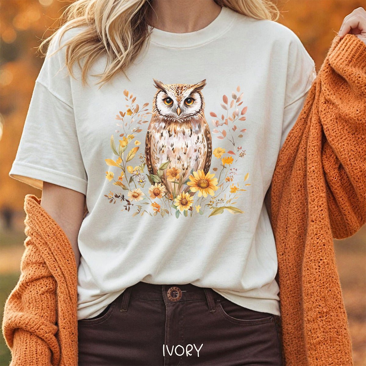 Rustic Autumn Owl Floral T-Shirt