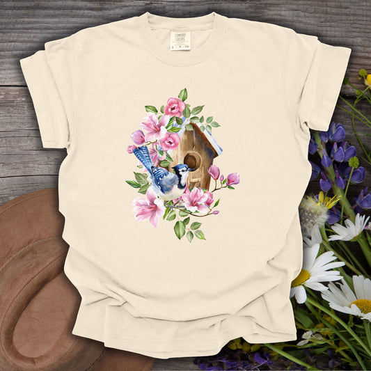 Rustic Birdhouse with Blue Jay T-Shirt