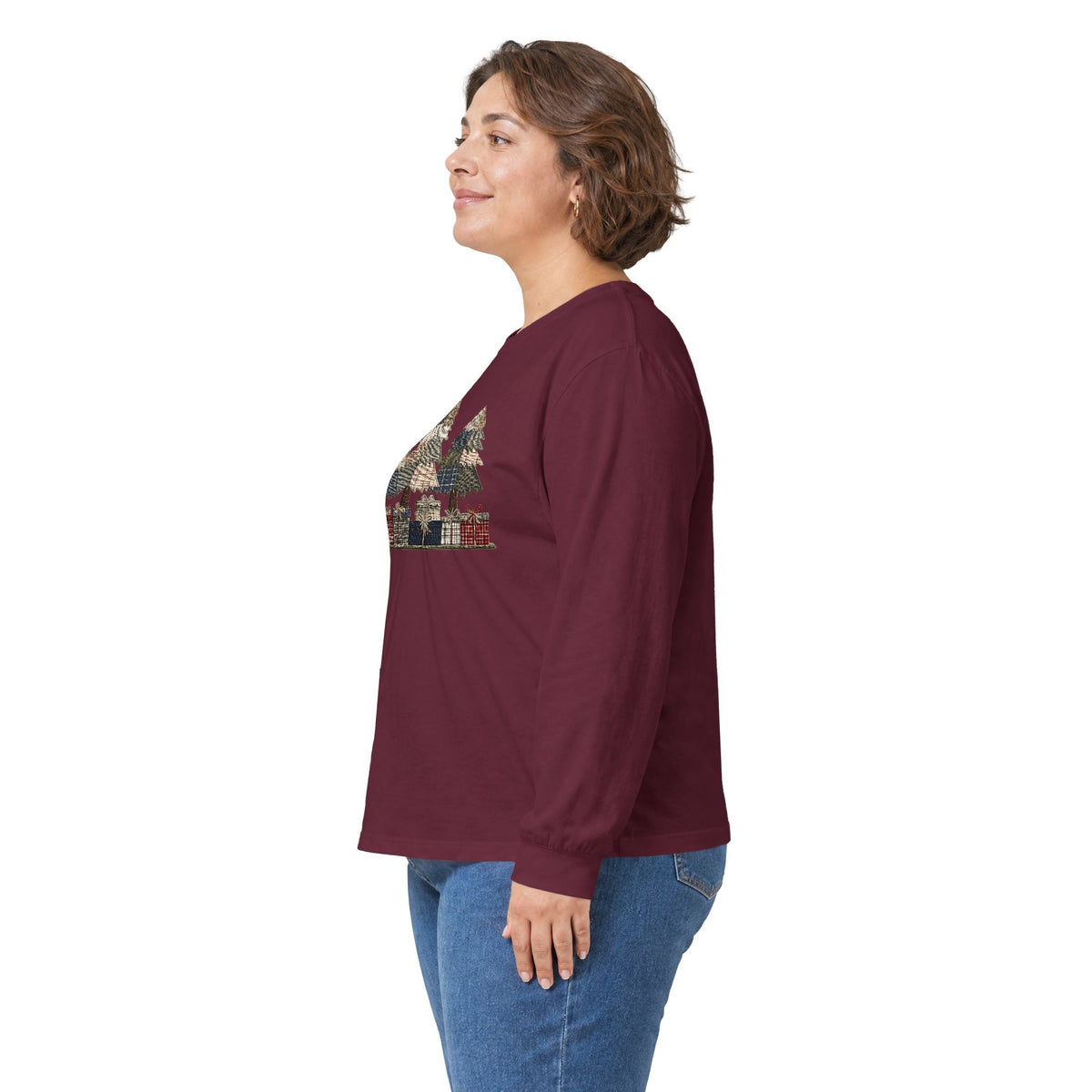 Rustic Faux Patchwork Christmas Trees Long Sleeve Tee