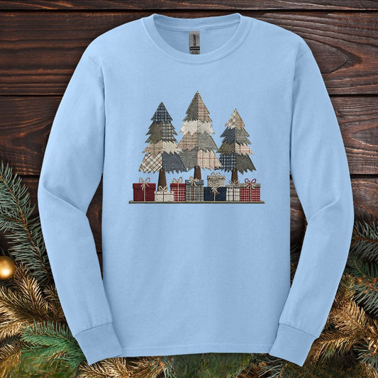 Rustic Faux Patchwork Christmas Trees Long Sleeve Tee