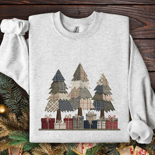 Rustic Faux Patchwork Christmas Trees Sweatshirt