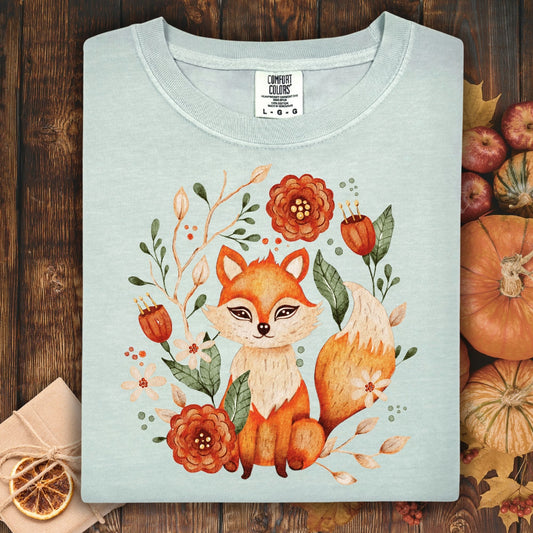 Bay Comfort Colors tee with a rustic folk art fox and floral design.