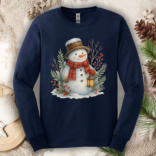 Rustic Snowman with Lantern Long Sleeve Tee