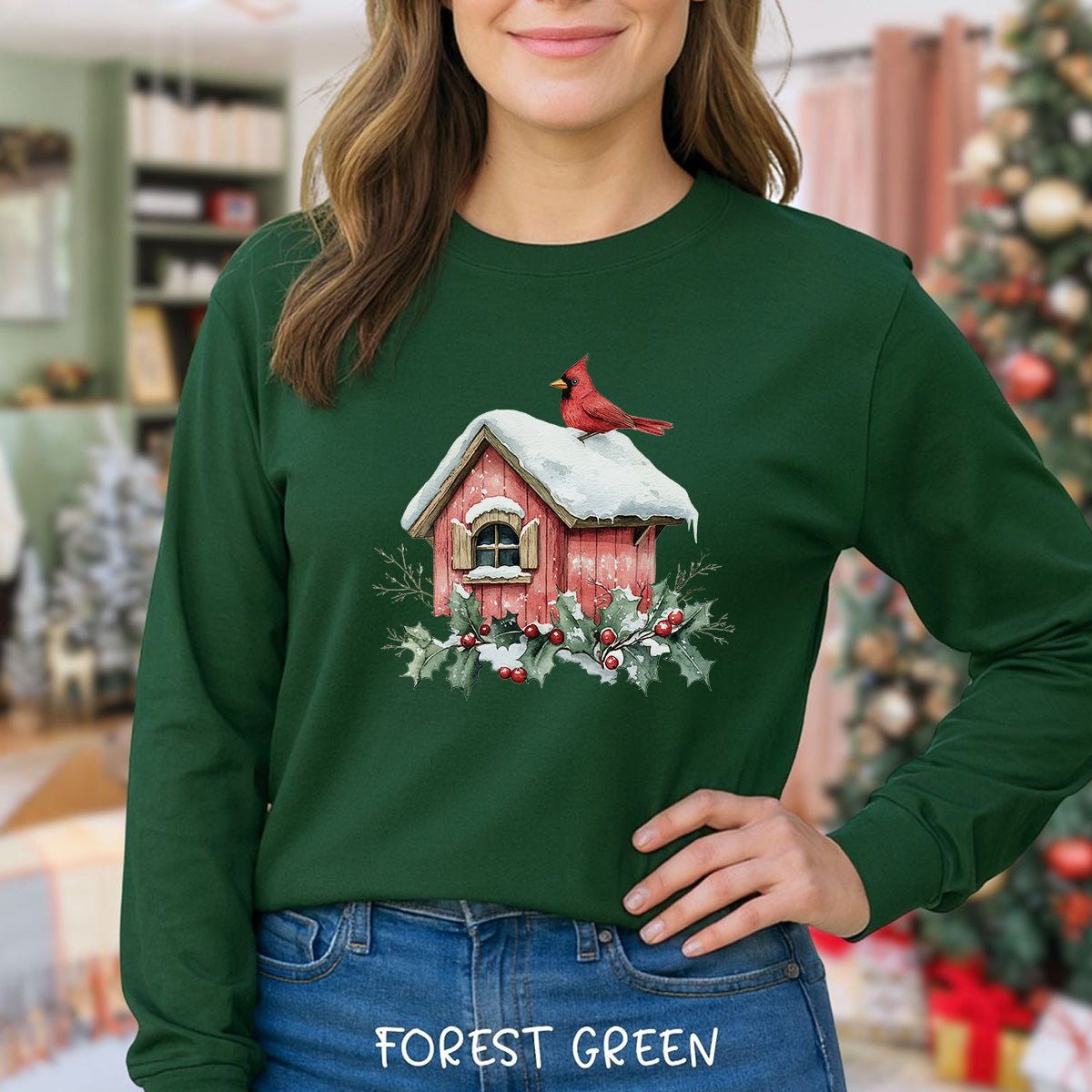 Snowy Christmas Cardinal Birdhouse Long Sleeve Tee