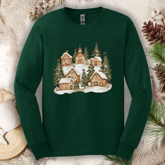 Snowy Gingerbread Village Long Sleeve Tee