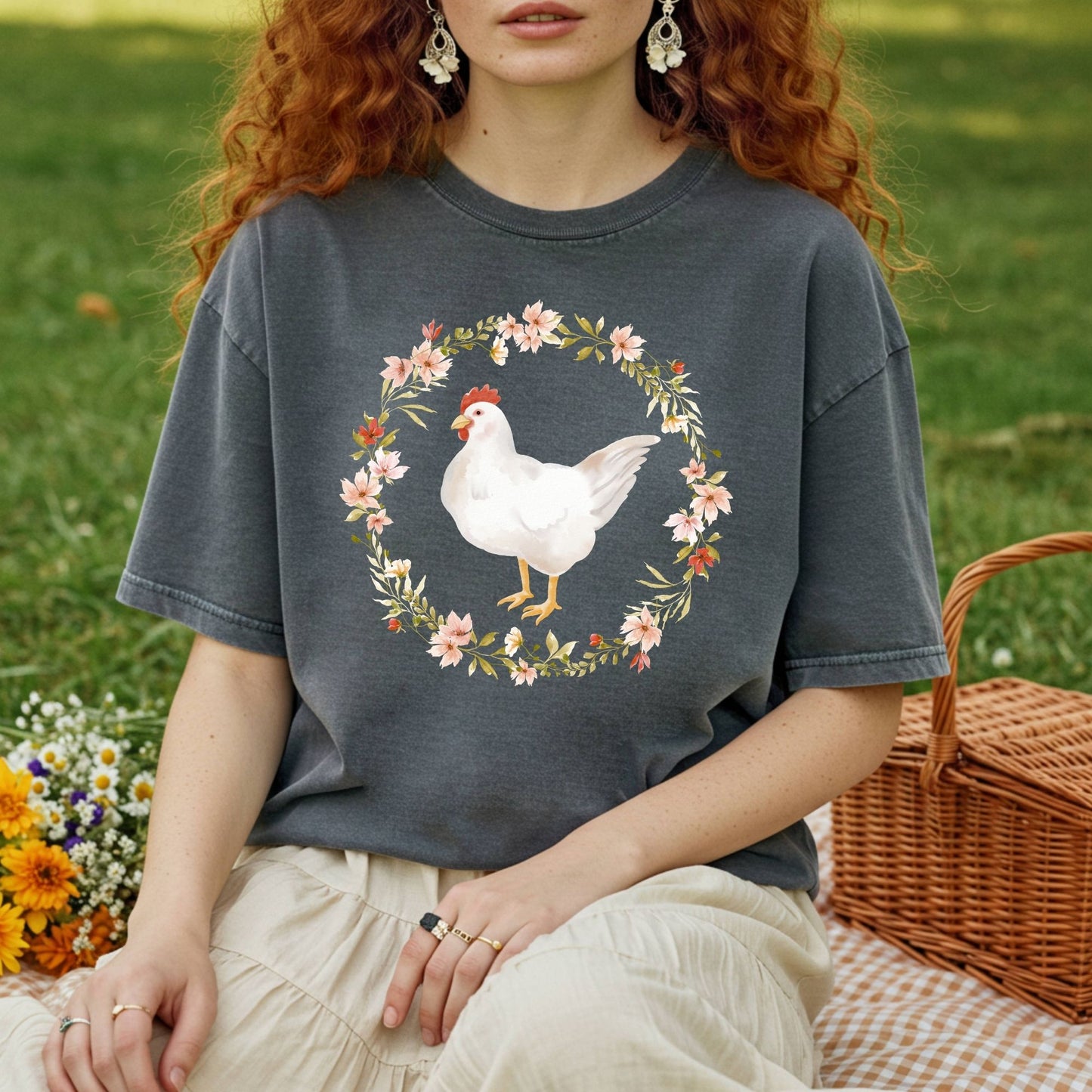 Spring Chicken Floral Wreath T-Shirt
