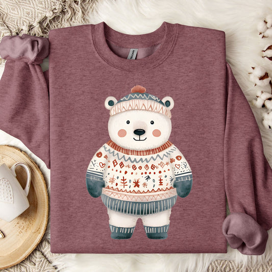 Heather Sport Dark Maroon sweatshirt with a whimsical polar bear in a Fair Isle sweater.