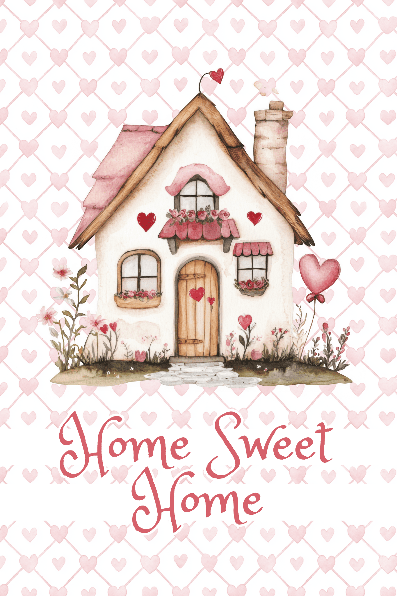 Valentine's Garden Flag — 'Home Sweet Home' Cottage with Pink Hearts