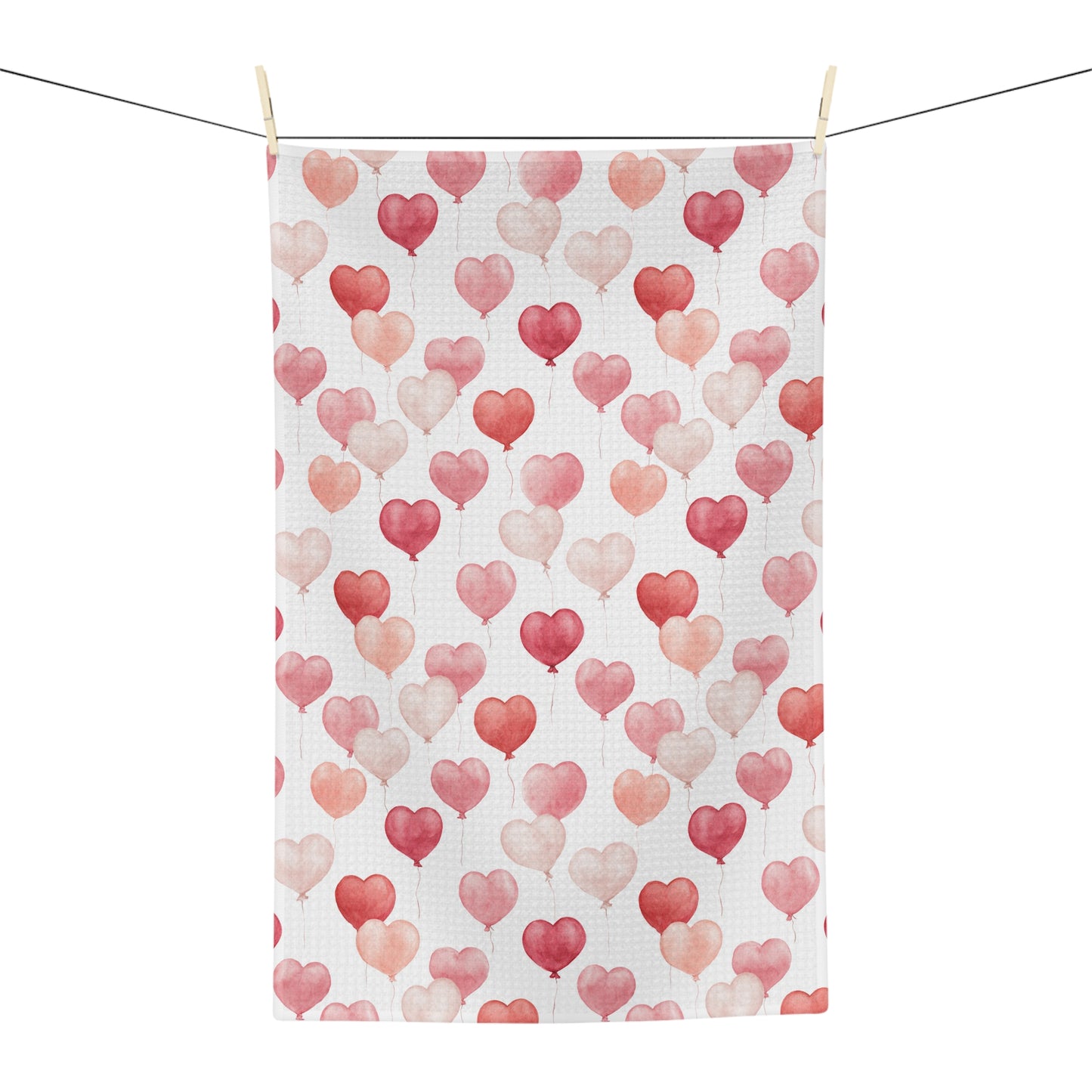 Valentine's Heart Balloons Microfiber Tea Towel with watercolor pink and blush hearts on white.